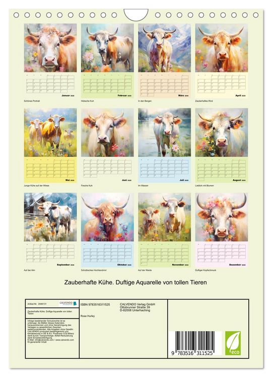 Produktbild: Zauberhafte K&uuml;he. Duftige Aquarelle von tollen Tieren (Wandkalender 2026 DIN A4 hoch), CALVENDO Monatskalender