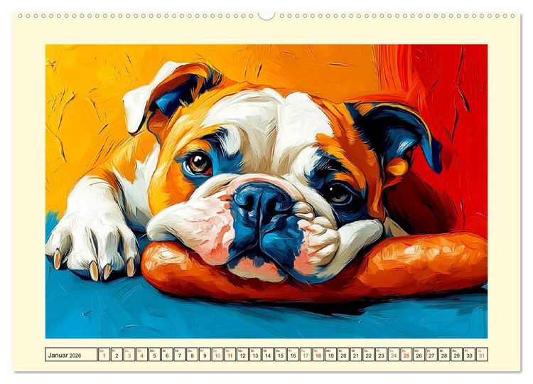 Produktbild: Bulldoggen. Bunter Hundespa&szlig; im &Ouml;lbilder-Stil (hochwertiger Premium Wandkalender 2026 DIN A2 quer), Kunstdruck in Hochglanz