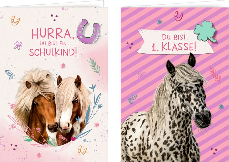 Produktbild: Gru&szlig;karte mit Wegbegleiter-Pin &ndash; Du bist 1. Klasse! / Hurra, du bist ein Schulkind!