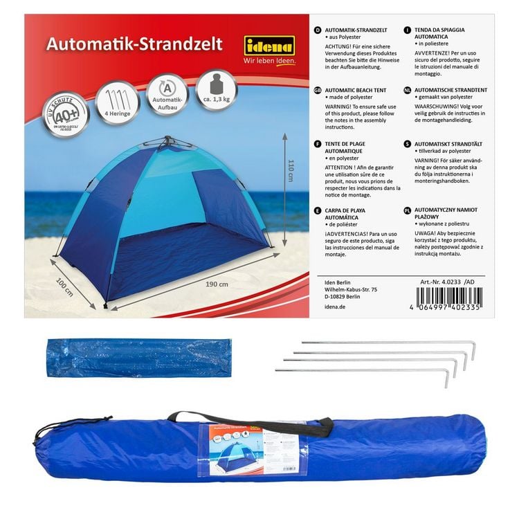 Produktbild: Idena Automatik Strandzelt UV40+ mit Tragetasche blau/t&uuml;rkis 190x100x110cm