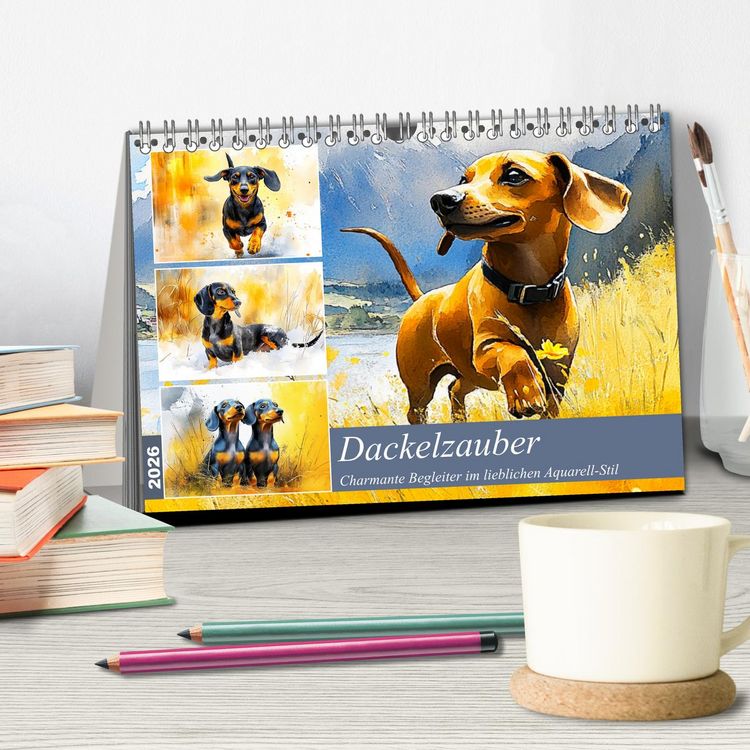 Produktbild: Dackelzauber. Charmante Begleiter im lieblichen Aquarell-Stil (Tischkalender 2026 DIN A5 quer), CALVENDO Monatskalender