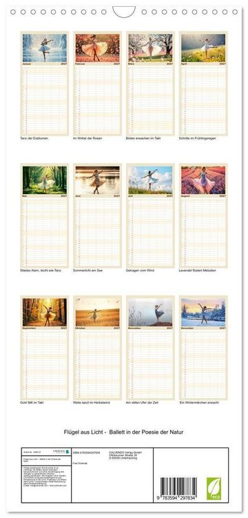 Produktbild: Familienplaner 2027 - Fl&uuml;gel aus Licht - Ballett in der Poesie der Natur mit 5 Spalten (Wandkalender, 21 x 45 cm) CALVENDO