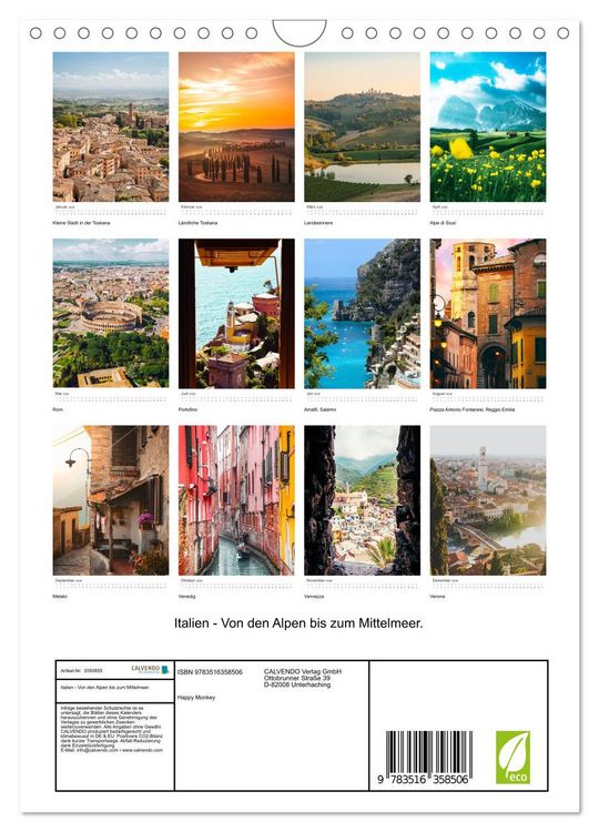 Produktbild: Italien - Von den Alpen bis zum Mittelmeer. (Wandkalender 2026 DIN A4 hoch), CALVENDO Monatskalender