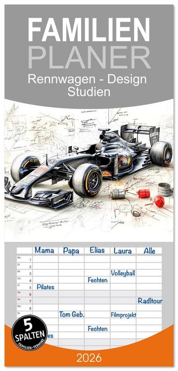 Produktbild: Familienplaner 2026 - Rennwagen - Design Studien mit 5 Spalten (Wandkalender, 21 x 45 cm) CALVENDO