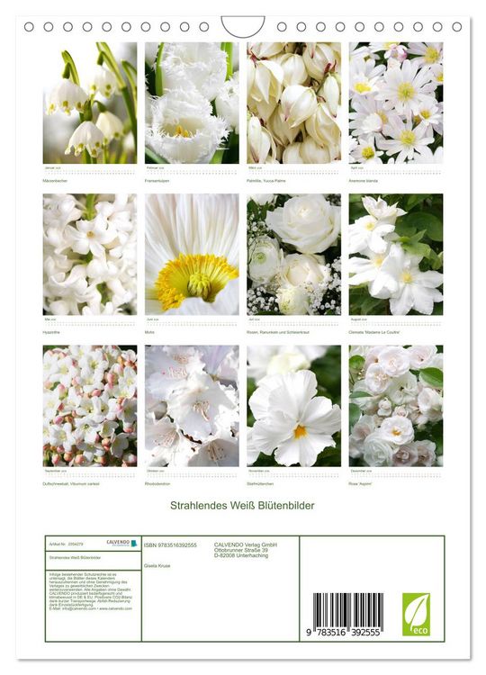 Produktbild: Strahlendes Wei&szlig; Bl&uuml;tenbilder (Wandkalender 2026 DIN A4 hoch), CALVENDO Monatskalender