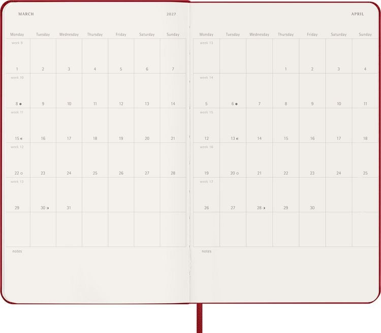 Produktbild: Moleskine 18 Monate Wochen Notizkalender 2026/2027, L/A5, 1 Wo = 1 Seite, Rechts linierte Seite, Fester Einband, Scharlachrot
