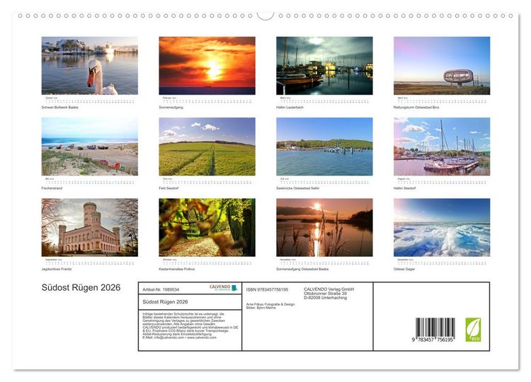 Produktbild: S&uuml;dost R&uuml;gen 2026 (hochwertiger Premium Wandkalender 2026 DIN A2 quer), Kunstdruck in Hochglanz