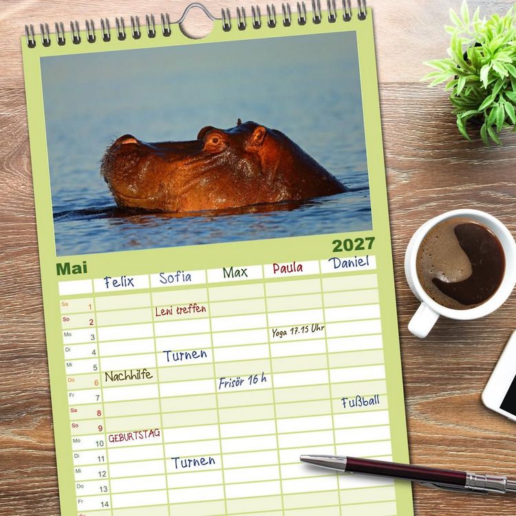 Produktbild: Familienplaner 2027 - Flusspferde Magie des Augenblicks - Hippos in Afrika mit 5 Spalten (Wandkalender, 21 x 45 cm) CALVENDO