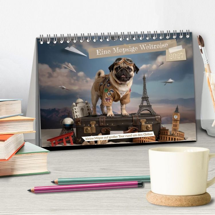 Produktbild: Eine Mopsige Weltreise (Tischkalender 2027 DIN A5 quer), CALVENDO Monatskalender