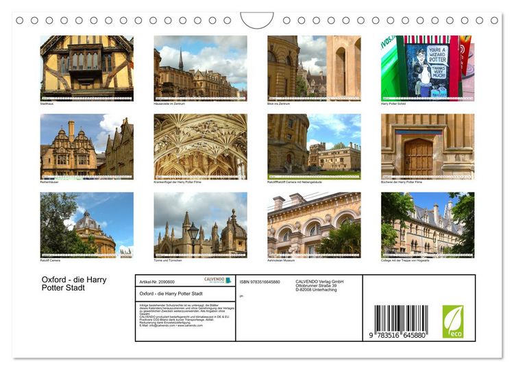 Produktbild: Oxford - die Harry Potter Stadt (Wandkalender 2026 DIN A4 quer), CALVENDO Monatskalender