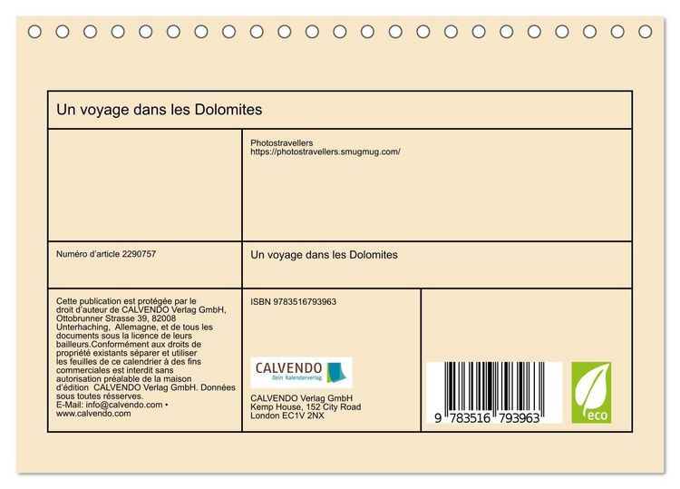 Produktbild: Un voyage dans les Dolomites (Calendrier de bureau 2027 DIN A5 vertical), CALVENDO calendrier mensuel