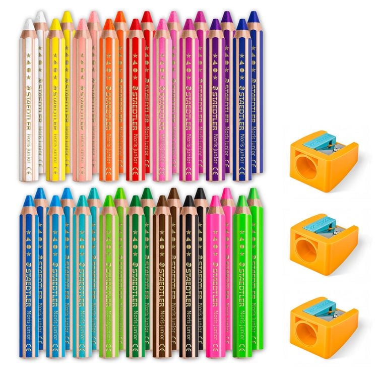 Produktbild: STAEDTLER Noris junior 140 Kindermalstift 3 in 1, Eimer mit 36 Malstiften in 18 sortierten Farben und 3 Spitzern, 140 C36