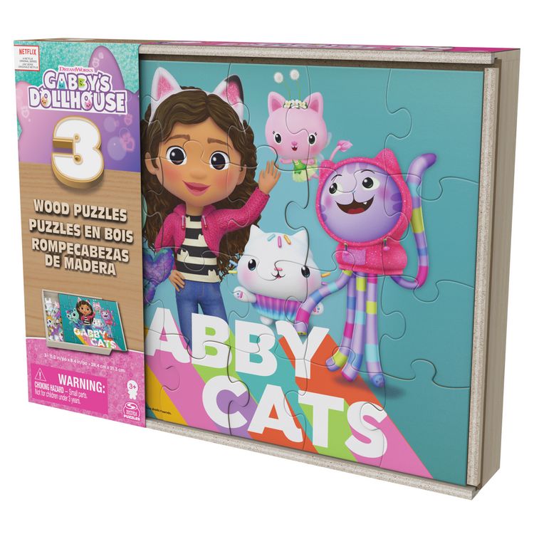 Produktbild: Gabby&rsquo;s Dollhouse Holzpuzzle-Sammlung, 3 miau-tastische Puzzle-Motive mit stabiler Holzbox , jedes besteht aus 24 Teilen, ab 3 Jahren