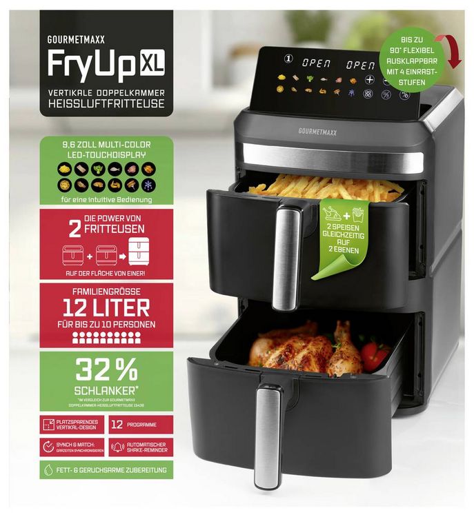 Produktbild: GourmetMaxx 16818 Hei&szlig;luft-Fritteuse 12l 2800W Antihaftbeschichtung, BPA-frei, Cool-Touch-Geh&auml;use, digitaler Timer, Grillfunktion