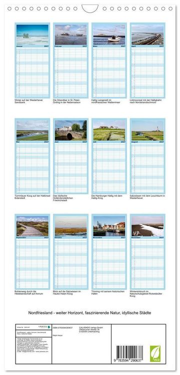 Produktbild: Familienplaner 2027 - Nordfriesland - weiter Horizont, faszinierende Natur, idyllische St&auml;dte mit 5 Spalten (Wandkalender, 21 x 45 cm) CALVENDO