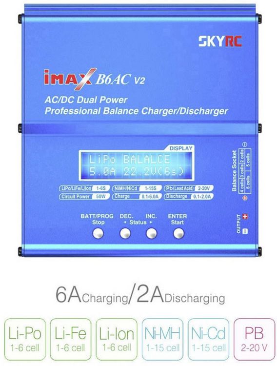 Produktbild: SKYRC B6AC V2 Modellbau-Multifunktionsladeger&auml;t 6A LiPo, LiFePO, LiIon, NiMH, NiCd, Blei