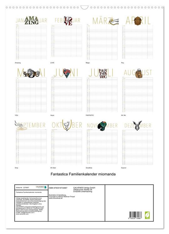 Produktbild: Fantastica Familienkalender miomanda (Wandkalender 2026 DIN A2 hoch), CALVENDO Monatskalender
