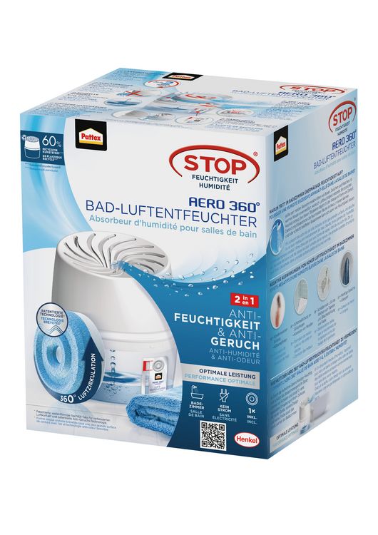 Produktbild: Pattex Luftentfeuchter, BAD 360&deg; Kompaktger&auml;t und 450 g Tab, blau, 9H BAD360