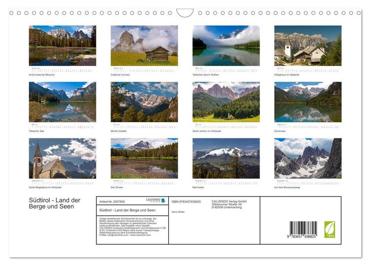 Produktbild: S&uuml;dtirol - Land der Berge und Seen (Wandkalender 2026 DIN A3 quer), CALVENDO Monatskalender