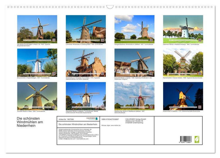 Produktbild: Die sch&ouml;nsten Windm&uuml;hlen am Niederrhein (Wandkalender 2026 DIN A2 quer), CALVENDO Monatskalender