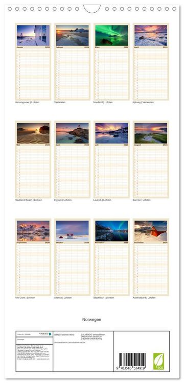 Produktbild: Familienplaner 2026 - Norwegen mit 5 Spalten (Wandkalender, 21 x 45 cm) CALVENDO