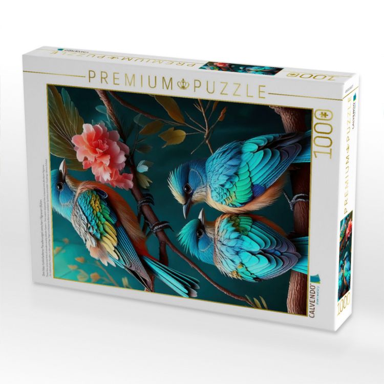 Produktbild: CALVENDO Puzzle Drei blau t&uuml;rkisfarbene Paradiesv&ouml;gel zwischen filigranen Bl&uuml;ten | 1000 Teile Lege-Gr&ouml;&szlig;e 64x48cm Foto-Puzzle f&uuml;r gl&uuml;ckliche Stunden