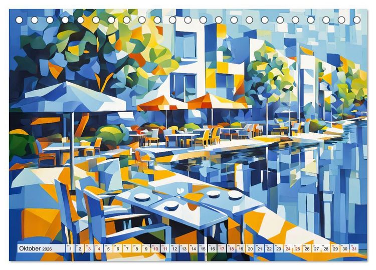 Produktbild: Kubistische Stadtlandschaften - Geometrische Urban Art am Wasser (Tischkalender 2026 DIN A5 quer), CALVENDO Monatskalender