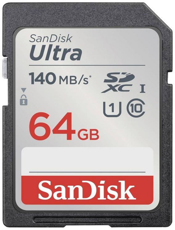 Produktbild: SanDisk SDXC Ultra 64GB (Class 10/UHS-I/140MB/s) SDHC-Karte 64 GB UHS-Class 1 Wasserdicht, sto&szlig;sicher