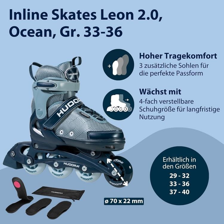 Produktbild: HUDORA 28248 - Inline Skates, Leon 2.0 ocean, Gr. 33-36