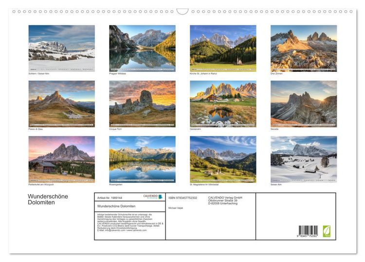 Produktbild: Wundersch&ouml;ne Dolomiten (Wandkalender 2026 DIN A2 quer), CALVENDO Monatskalender