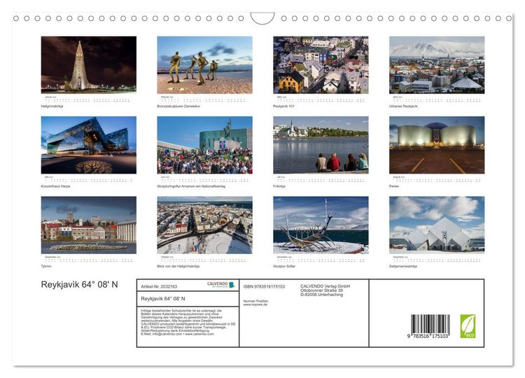 Produktbild: Reykjav&igrave;k 64&deg; 08' N (Wandkalender 2026 DIN A3 quer), CALVENDO Monatskalender