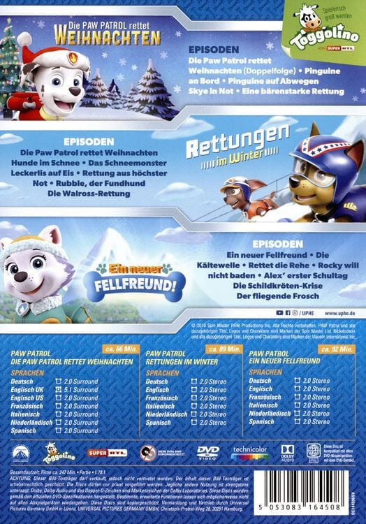 Produktbild: Paw Patrol: Die Paw Patrol rettet Weihnachten, Paw Patrol: Rettungen im Winter & Paw Patrol: Ein neuer Fellfreund! [3 DVDs]