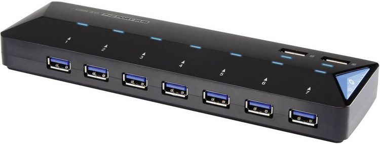 Produktbild: Renkforce RF-3806034 USB-Hub 7 Port USB-A USB 3.0 5 GBit/s mit Schnellladeport, mit Status-LEDs Schwarz