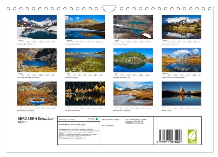 Produktbild: BERGSEEN Schweizer Alpen (Wandkalender 2026 DIN A4 quer), CALVENDO Monatskalender