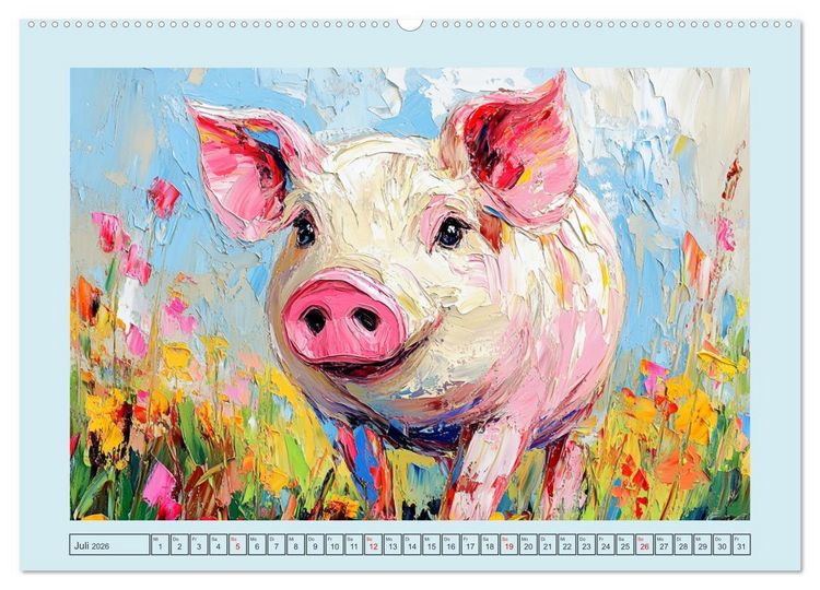 Produktbild: Lustiges Borstenvieh. Zauberhafte Schweinchen im &Ouml;lgem&auml;lde-Stil (hochwertiger Premium Wandkalender 2026 DIN A2 quer), Kunstdruck in Hochglanz