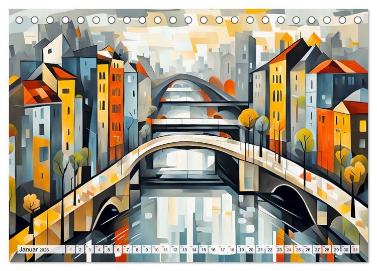 Produktbild: Kubistische Stadtlandschaften - Geometrische Urban Art am Wasser (Tischkalender 2026 DIN A5 quer), CALVENDO Monatskalender
