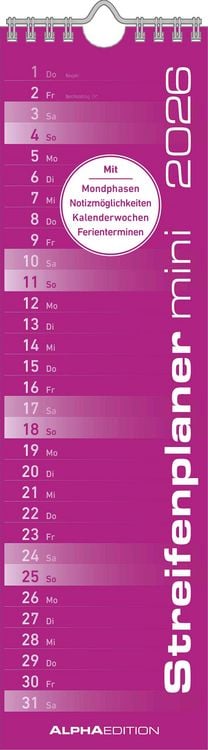 Bild vom Artikel Streifenplaner Mini PINK 2026 - Streifenkalender - Wandplaner - Küchen-Kalender - 9,5x33 vom Autor Alpha Edition