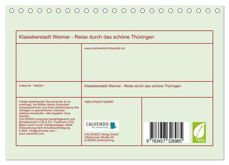 Produktbild: Klassikerstadt Weimar - Reise durch das sch&ouml;ne Th&uuml;ringen (Tischkalender 2026 DIN A5 quer), CALVENDO Monatskalender