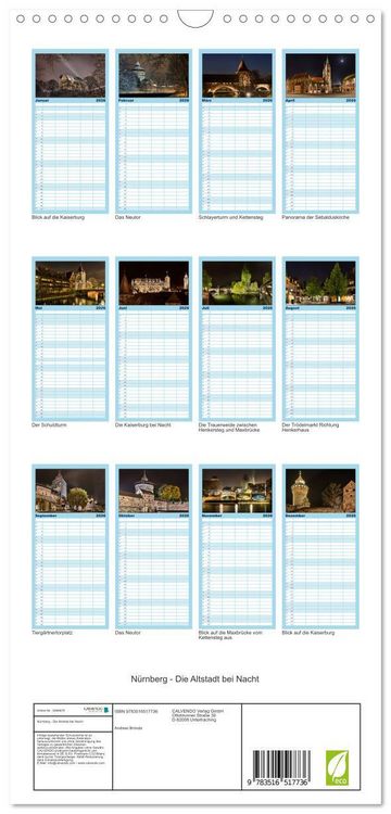 Produktbild: Familienplaner 2026 - N&uuml;rnberg - Die Altstadt bei Nacht mit 5 Spalten (Wandkalender, 21 x 45 cm) CALVENDO