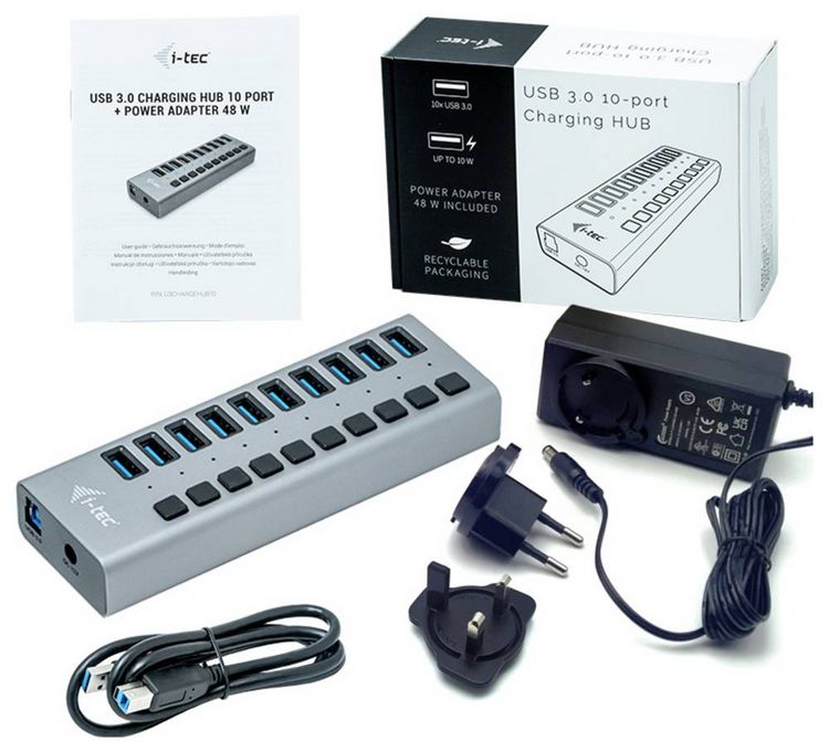 Produktbild: i-tec U3CHARGEHUB10 USB-Hub 10 Port USB-A USB 3.0 5 GBit/s Grau I-TEC USB 3.0 Charging HUB 10 Port