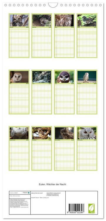Produktbild: Familienplaner 2026 - Eulen. W&auml;chter der Nacht mit 5 Spalten (Wandkalender, 21 x 45 cm) CALVENDO
