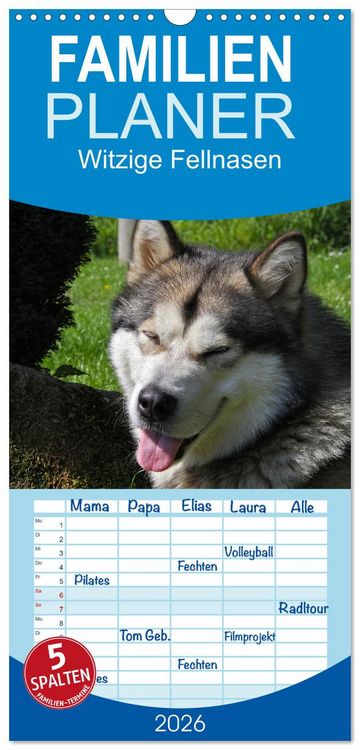 Produktbild: Familienplaner 2026 - Witzige Fellnasen mit 5 Spalten (Wandkalender, 21 x 45 cm) CALVENDO