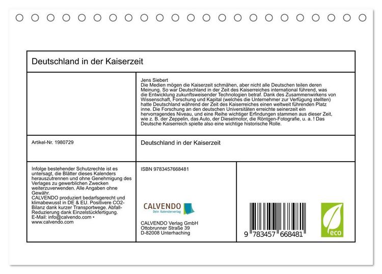 Produktbild: Deutschland in der Kaiserzeit (Tischkalender 2026 DIN A5 quer), CALVENDO Monatskalender