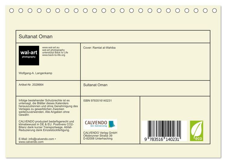 Produktbild: Sultanat Oman (Tischkalender 2026 DIN A5 quer), CALVENDO Monatskalender