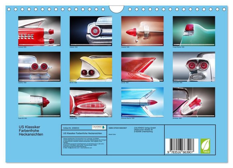 Produktbild: US Klassiker Farbenfrohe Heckansichten (Wandkalender 2026 DIN A4 quer), CALVENDO Monatskalender