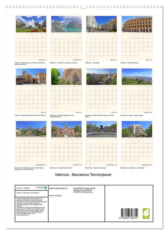 Produktbild: Valencia - Barcelona Terminplaner (hochwertiger Premium Wandkalender 2026 DIN A2 hoch), Kunstdruck in Hochglanz
