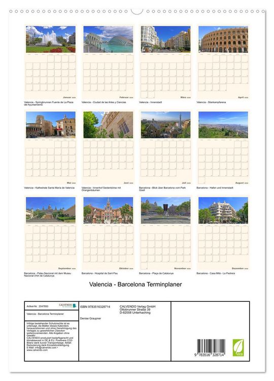 Produktbild: Valencia - Barcelona Terminplaner (hochwertiger Premium Wandkalender 2026 DIN A2 hoch), Kunstdruck in Hochglanz