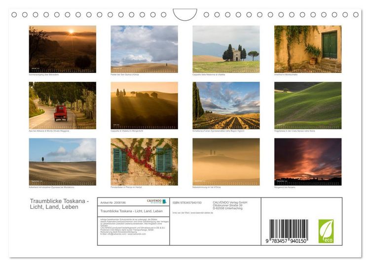 Produktbild: Traumblicke Toskana - Licht, Land, Leben (Wandkalender 2026 DIN A4 quer), CALVENDO Monatskalender