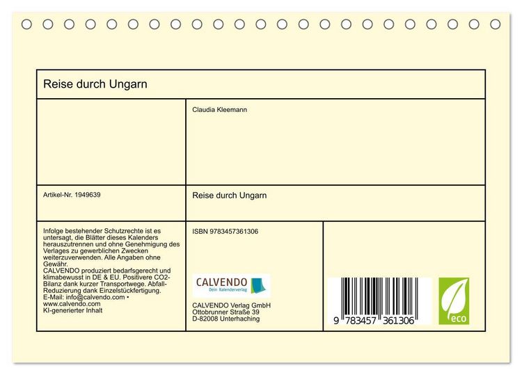 Produktbild: Reise durch Ungarn (Tischkalender 2026 DIN A5 quer), CALVENDO Monatskalender