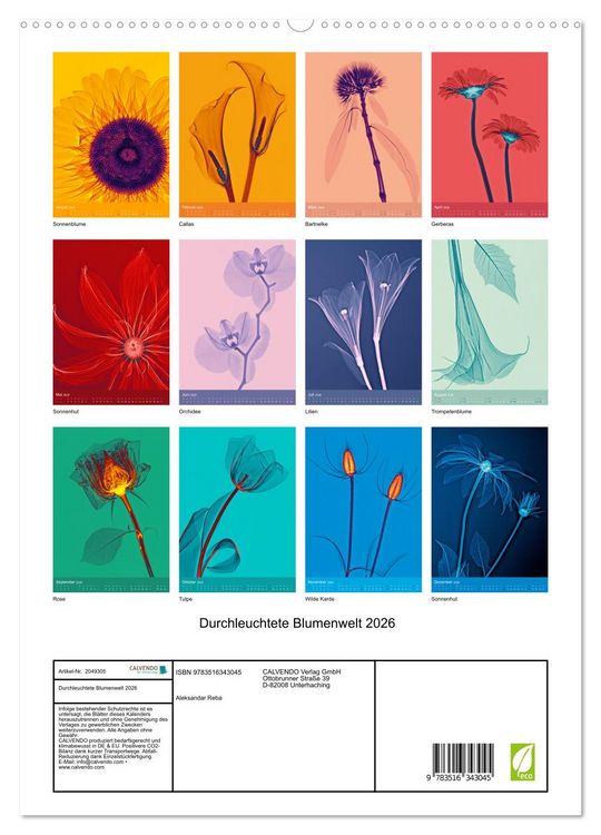 Produktbild: Durchleuchtete Blumenwelt 2026 (hochwertiger Premium Wandkalender 2026 DIN A2 hoch), Kunstdruck in Hochglanz
